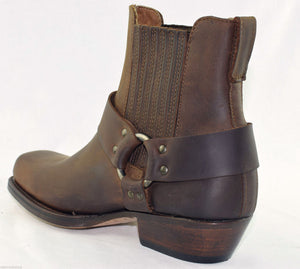 Loblan 096 Brown Leather Cowboy Ankle Boots Biker Western Square Chisel Toe Boot - www.loblanboots.com