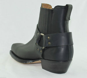 Loblan 096 Black Leather Cowboy Ankle Boots Biker Western Square Chisel Toe Boot - www.loblanboots.com
