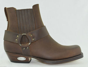 Loblan 096 Brown Leather Cowboy Ankle Boots Biker Western Square Chisel Toe Boot - www.loblanboots.com
