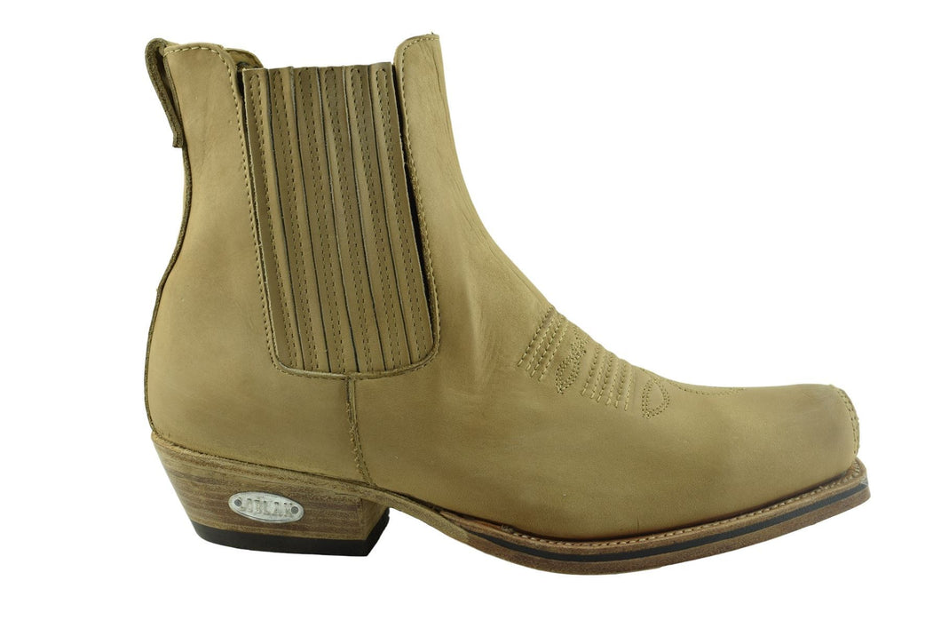 Loblan 517 Leather Tan Beige Cowboy Boots Biker Western Square Toe Ankle Boot - www.loblanboots.com